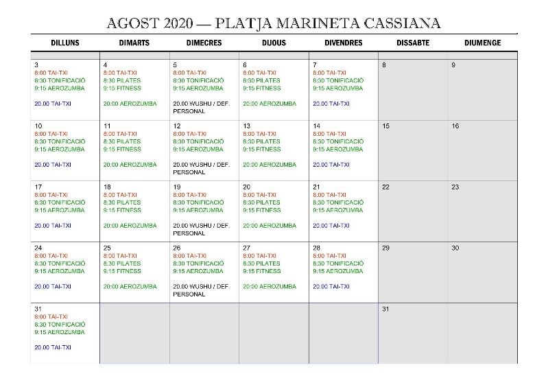 Calendario de actividades de ‘Deporte en la playa’ del mes de agosto