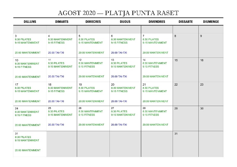 Calendario de actividades de ‘Deporte en la playa’ del mes de agosto