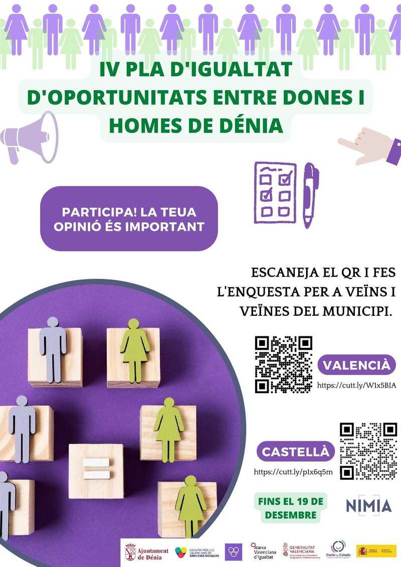  El Ajuntament de Dénia lanza un cuestionario en línea para elaborar un diagnóstico de situación sobre la igualdad de oportunidades entre mujeres y hombres en el municipio 