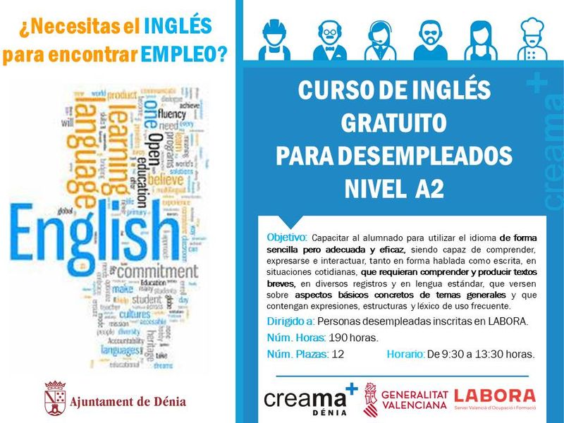 Creama-Dénia abre las inscripciones al curso de Inglés A2 para personas desempleadas subvenc...