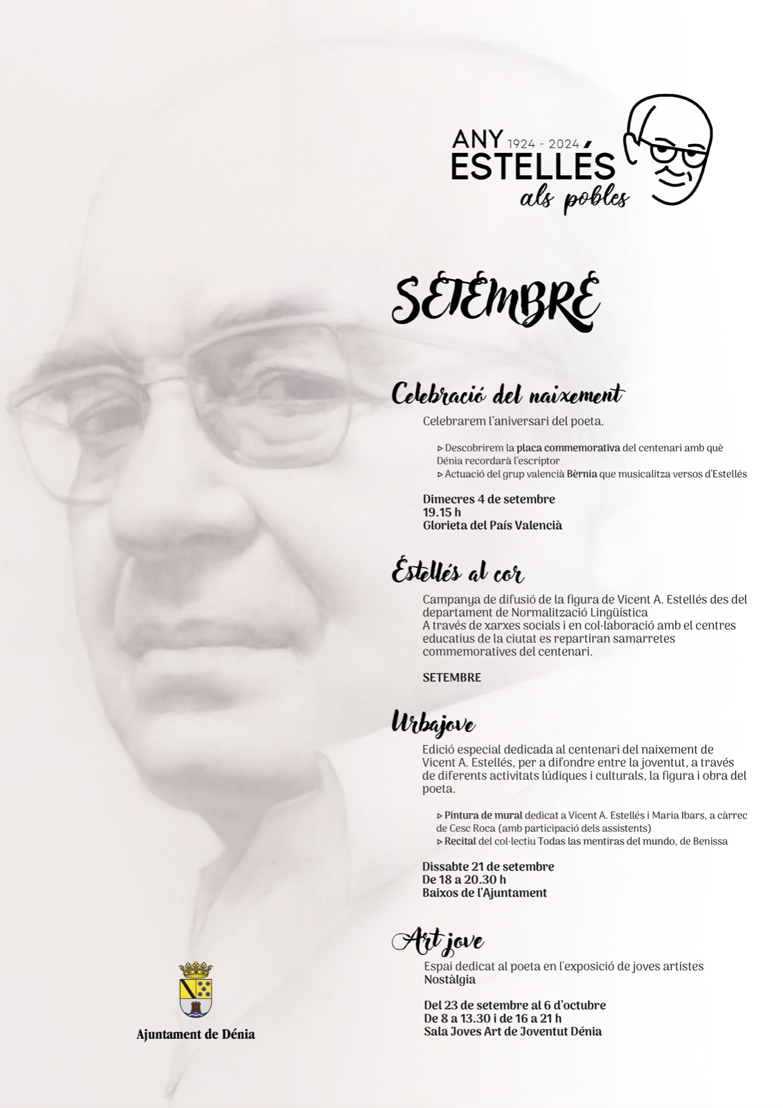  Dénia celebra el aniversario de Vicent Andrés Estellés, el 4 de septiembre, con el descubrimiento de una placa en homenaje al escritor en la Glorieta 